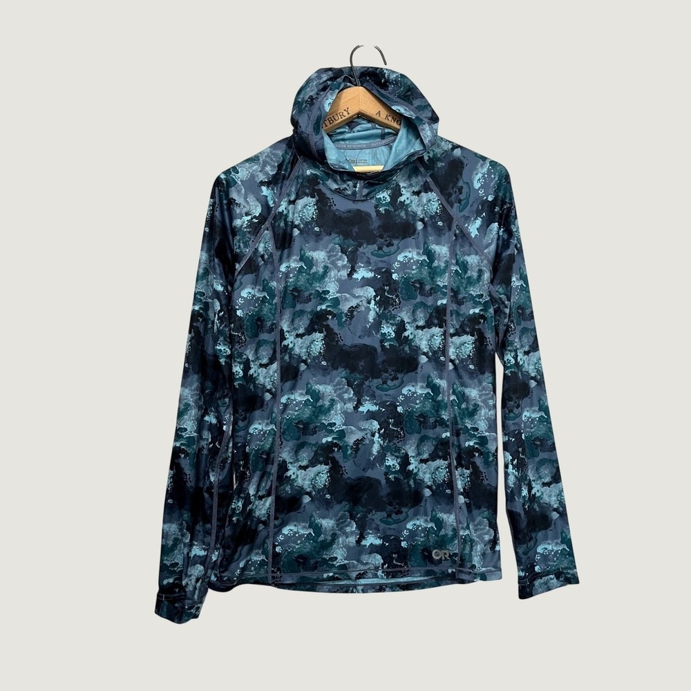 Outdoor Research Echo Printed Hoodie Medium Blue Teal Camo Sun Shirt 300171